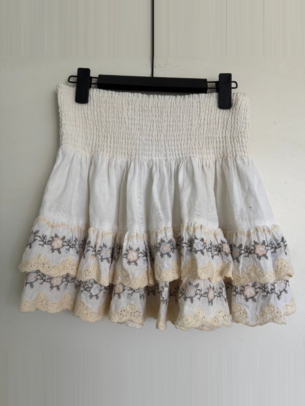 Sunday Saint-Tropez White Smocked Tiered Ruffle Mini Skirt Embroidered Eyelet OS